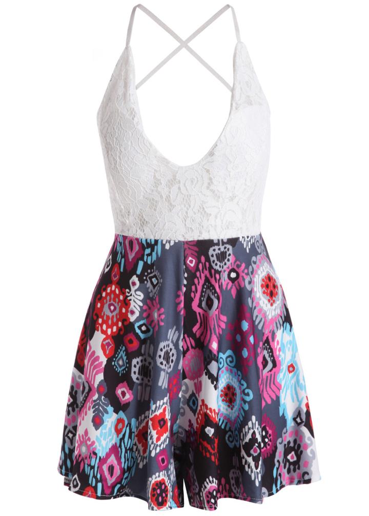 Shein White Spaghetti Strap Backless Print Mini Romper