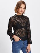 Shein Lace Crochet Faux Pearl Decoration See Through Blouse