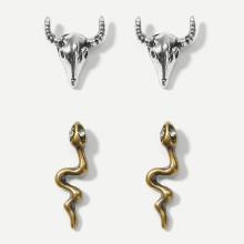 Shein Bull & Snake Detail Stud Earrings 2pairs