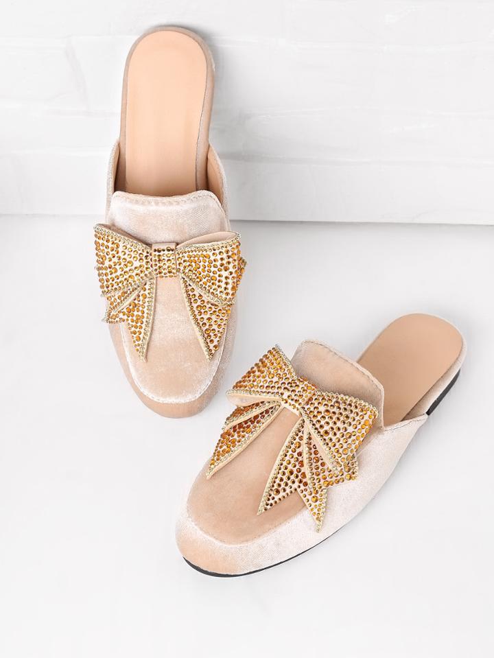 Shein Bow Tie Velvet Flat Mules With Faux Fur