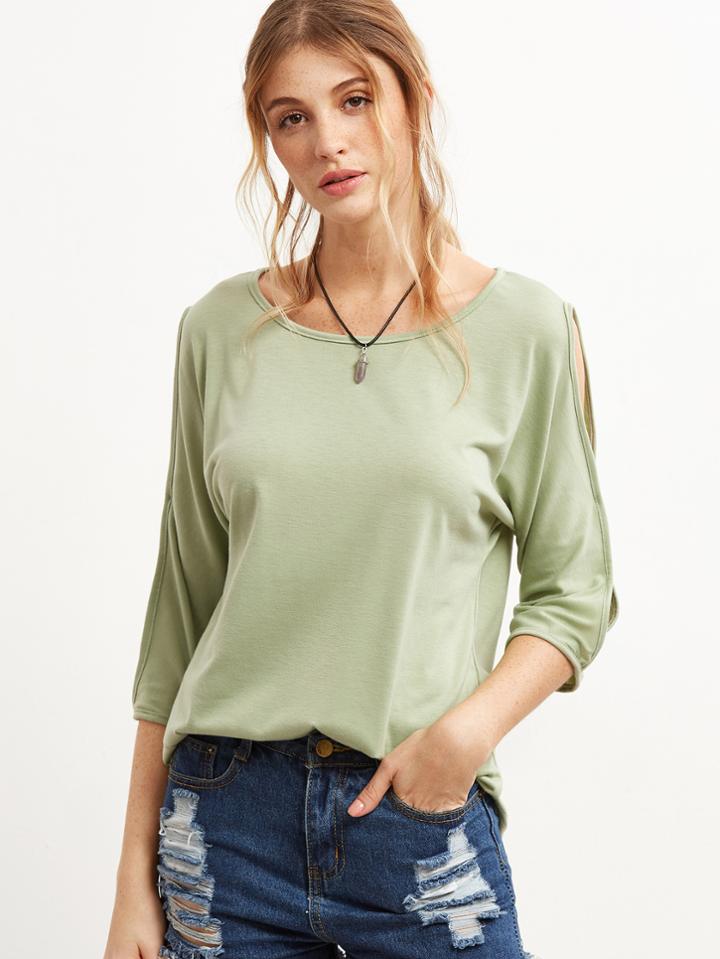 Shein Pale Green Split Sleeve T-shirt