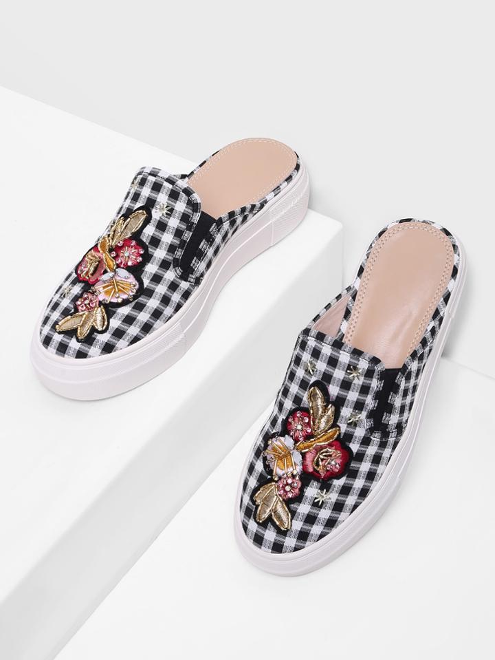 Shein Gingham Pattern Flower Embroidery Flats