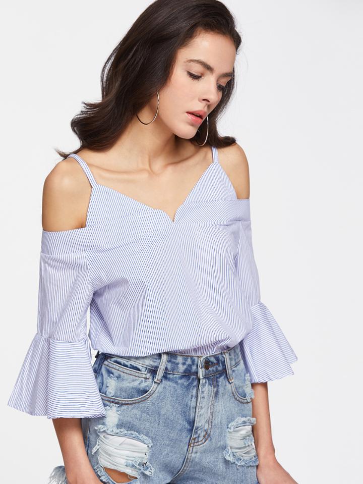 Shein Cold Shoulder Pinstripe Bell Sleeve Top