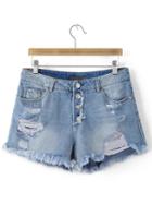 Shein Blue Pockets Buttons Front Fringe Trim Ripped Hole Denim Shorts