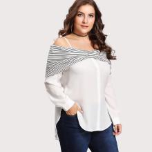 Shein Plus Contrast Striped Bow Open Shoulder Top