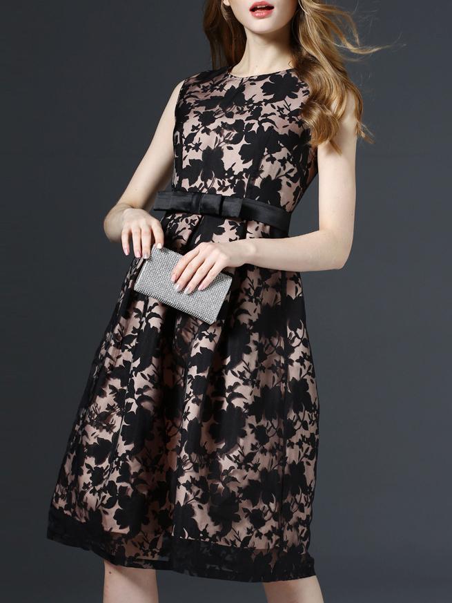 Shein Black Crew Neck Bowknot A-line Dress