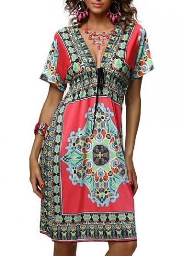 Rosewe Exotic Short Sleeve V Neck Open Back Printed Dress