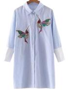 Shein Blue Buttons Front Bird Embroidery Stripe Blouse