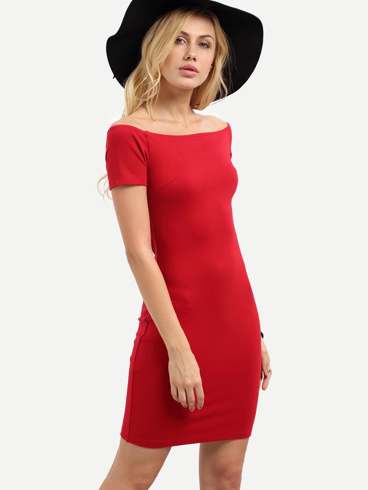 Shein Red Zipper Off The Shoulder Short Sleeve Dress
