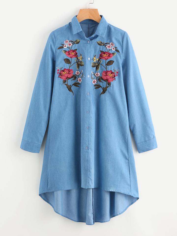 Shein Flower Embroidered Front Denim Shirt Dress