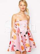 Shein Pink Strapless Lips Print Patterns Damask Flare Dress