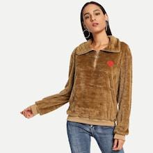 Shein Quarter Zip Embroidered Teddy Sweatshirt