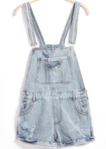 Shein Blue Strap Ripped Buttons Denim Jumpsuit