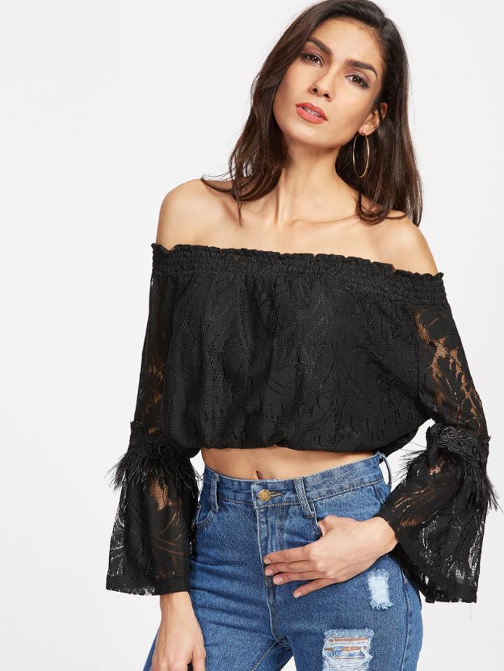 Shein Lace Insert Bell Sleeve Bardot Crop Top