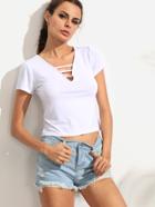 Shein White Ladder Cut V Neck Crop T-shirt