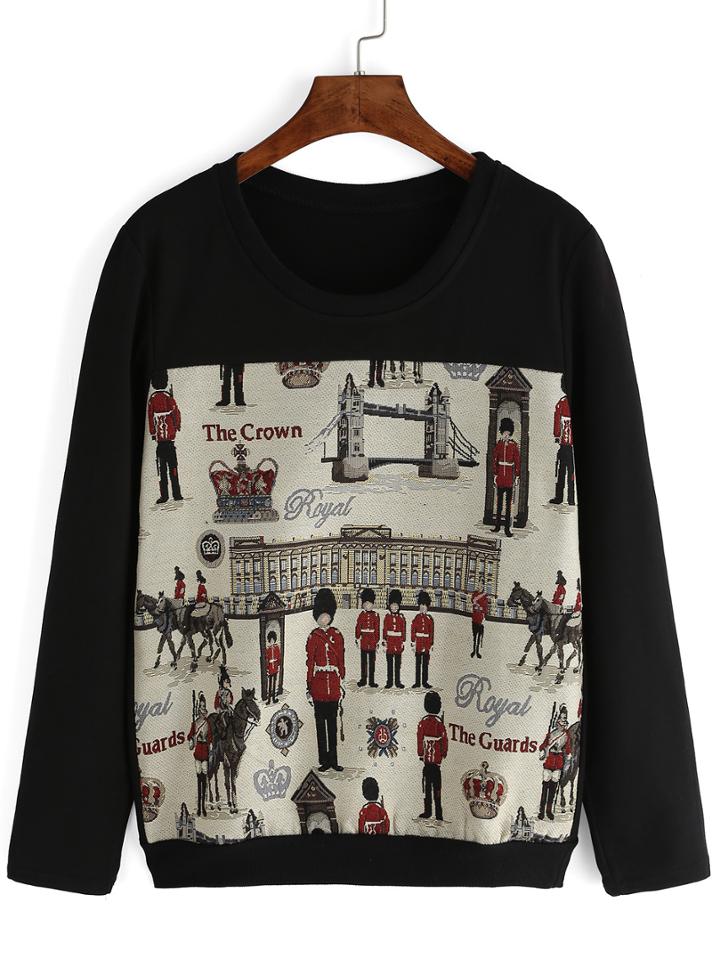 Shein Black Round Neck Soldier Print Sweatshirt