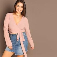 Shein Plus Surplice Wrap Rib Crop Knot Tee