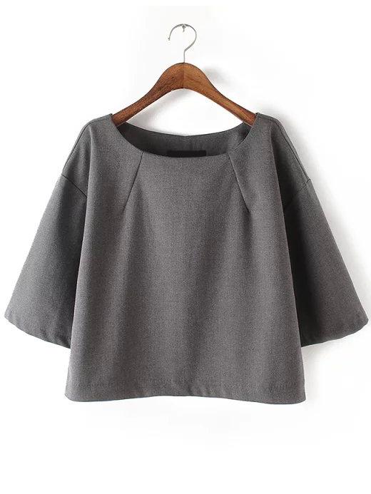 Shein Grey Round Neck Loose Crop Blouse