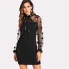 Shein Ribbon Tie Neck Embroidered Mesh Sleeve Dress