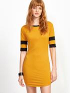 Shein Mustard Contrast Neck Varsity Striped Sleeve Bodycon Dress