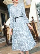Shein Blue Tie Neck Print A-line Dress