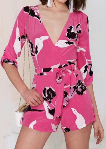 Rosewe V Neck Printed Rose Wrap Romper