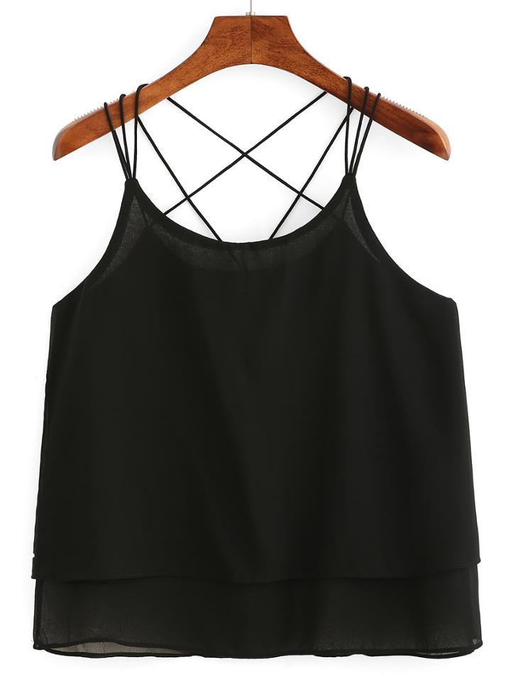 Shein Caged Layered Chiffon Cami Top - Black