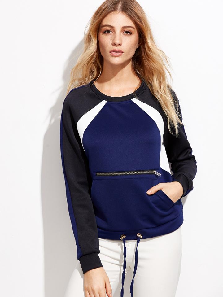 Shein Colorblock Zipper Front Drawstring Sweatshirt
