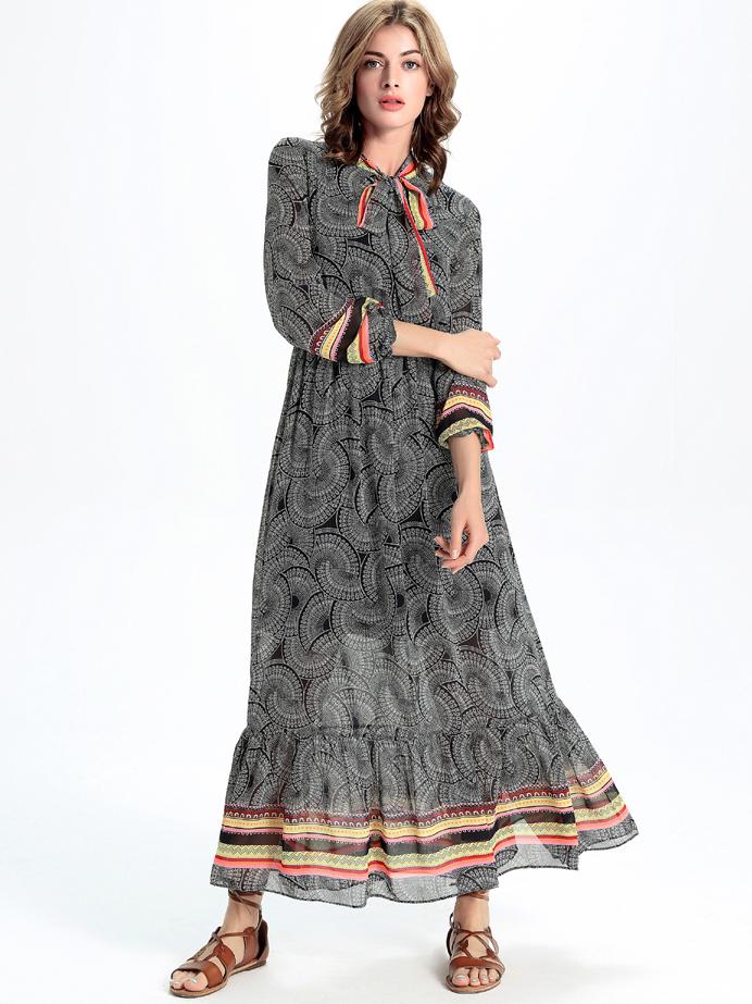 Shein Black Print Tie Neck Elastic Waist Ruffle Dress