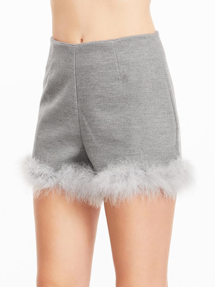 Shein Grey Faux Fur Trim Zipper Shorts