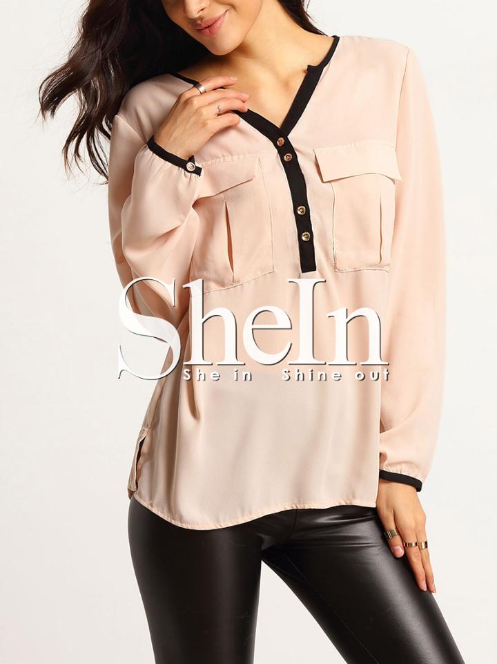 Shein Pink Pockets Color Blcok Trims Side Slit Blouse