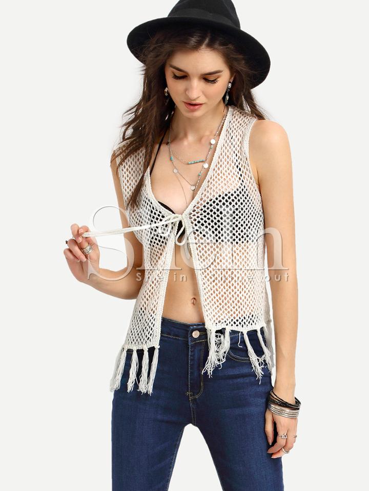 Shein White Tie Tassel Tank Top
