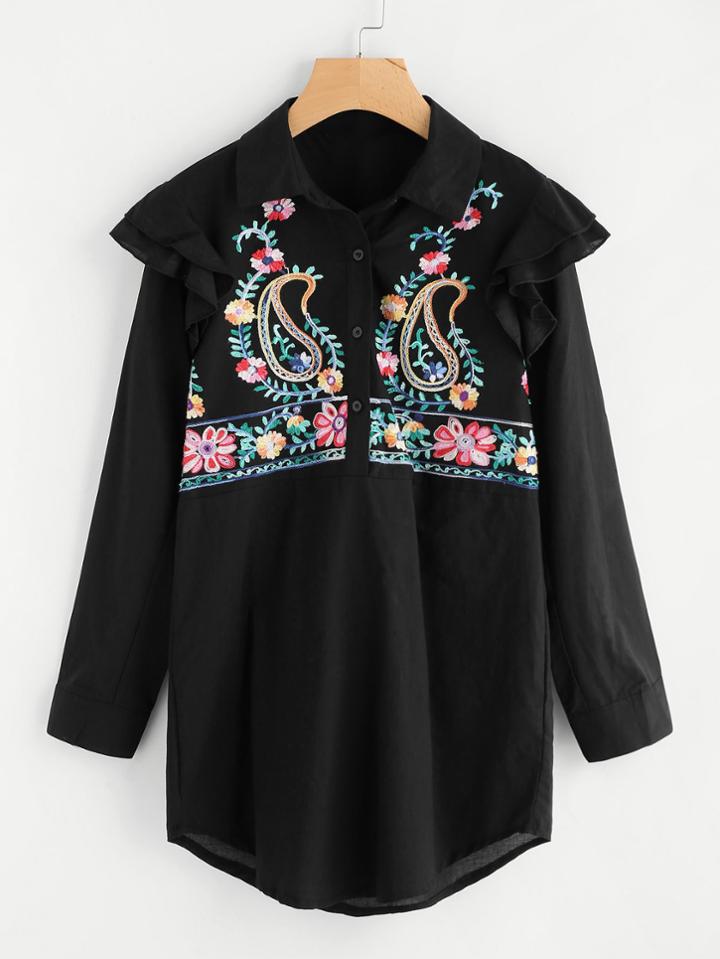 Shein Frilled Shoulder Half Placket Curved Hem Embroidered Blouse
