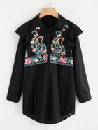 Shein Frilled Shoulder Half Placket Curved Hem Embroidered Blouse