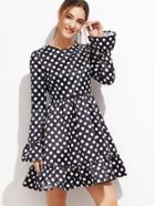 Shein Black Polka Dot Print Ruffle Trim Skater Dress