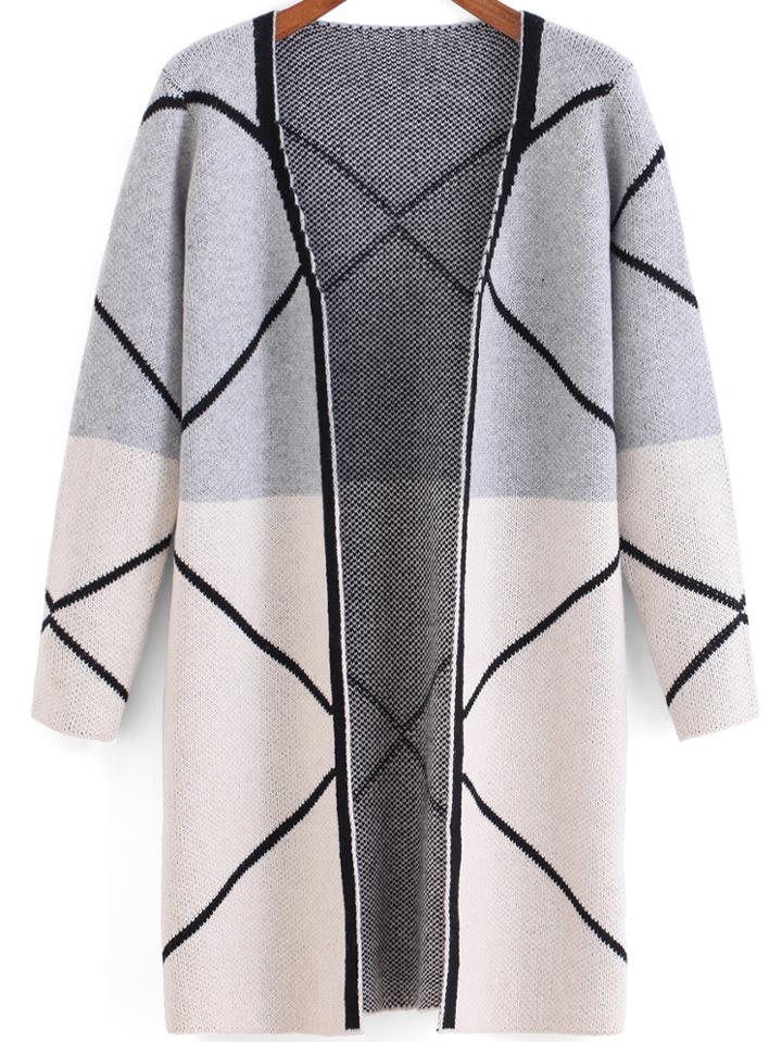 Shein Light Grey White Long Sleeve Line Print Cardigan