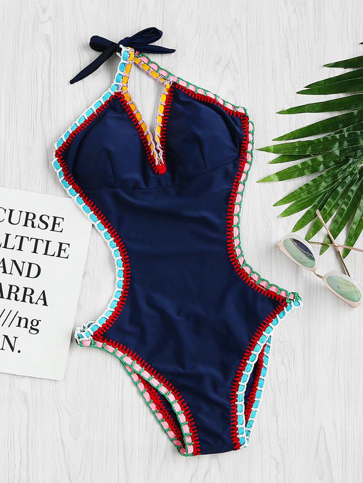 Shein Halterneck Crochet Trim Monokini