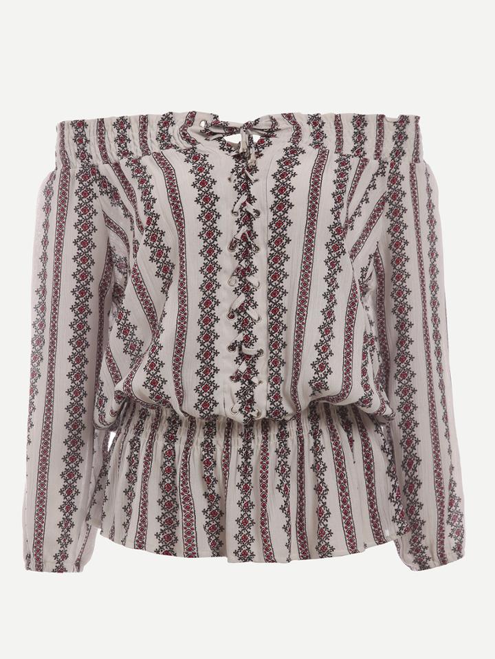Shein Off The Shoulder Florals Lace Up Shirt