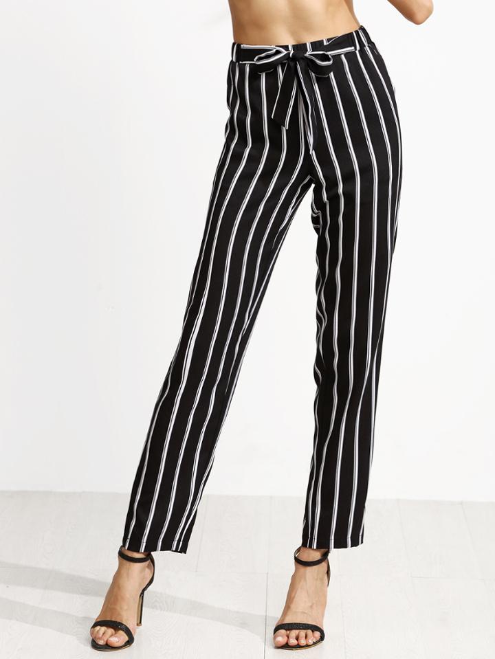 Shein Black Vertical Striped Self Tie Pants