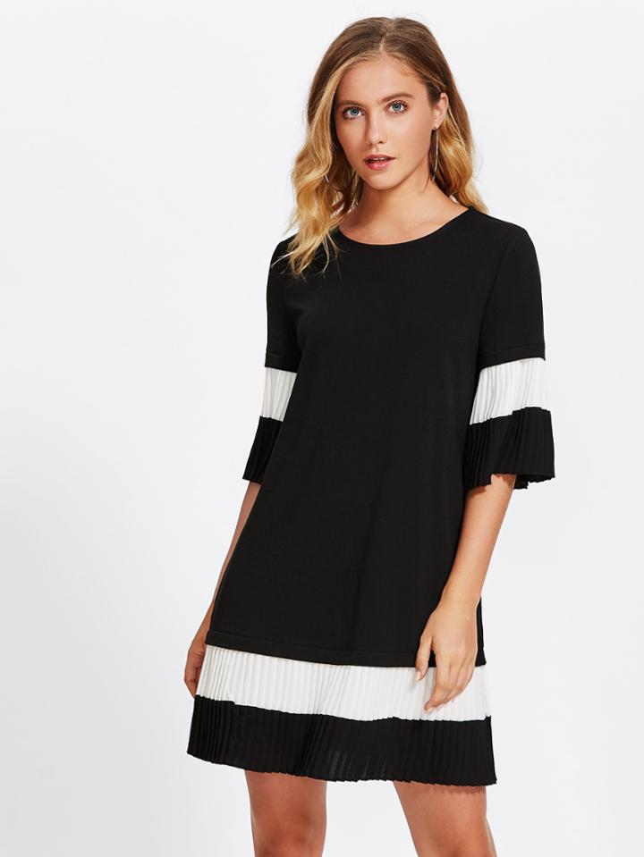 Shein Two Tone Pleated Trim Dress