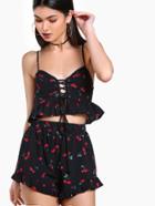 Shein Cherry Print Frilled Lace Up Bustier Top And Shorts Set