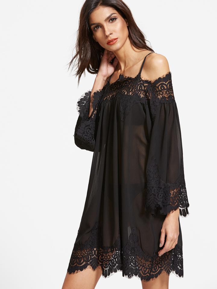 Shein Floral Lace Trim Cold Shoulder Semi Sheer Dress