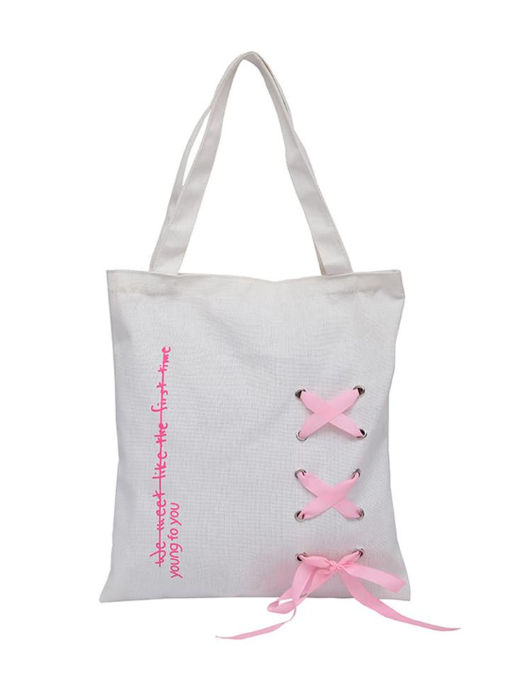 Shein Slogan Print Ribbon Lace Up Canvas Bag
