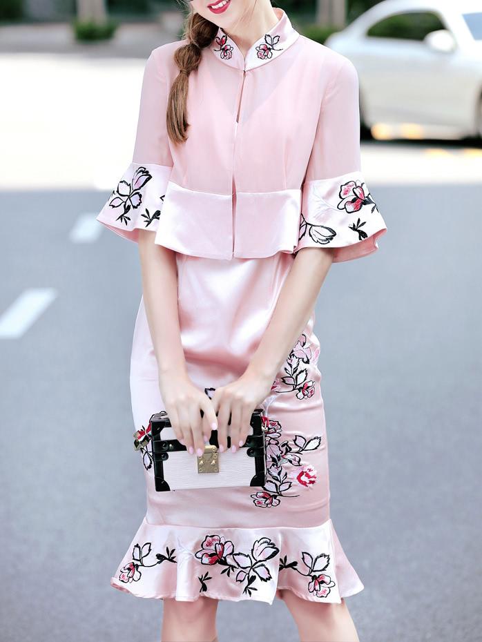 Shein Flowers Embroidered Ruffle Cape Dress