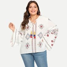 Shein Plus Tassel Tied Bell Sleeve Blouse