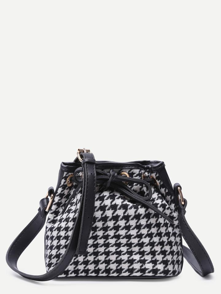 Shein White And Black Pu Trim Plover Case Plaid Drawstring Bucket Bag