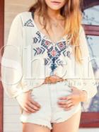Shein Beige Long Sleeve Geometric Embroidered Blouse