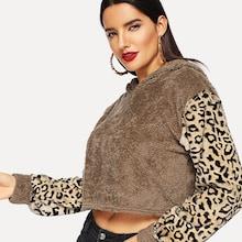 Shein Leopard Print Sleeve Teddy Hoodie