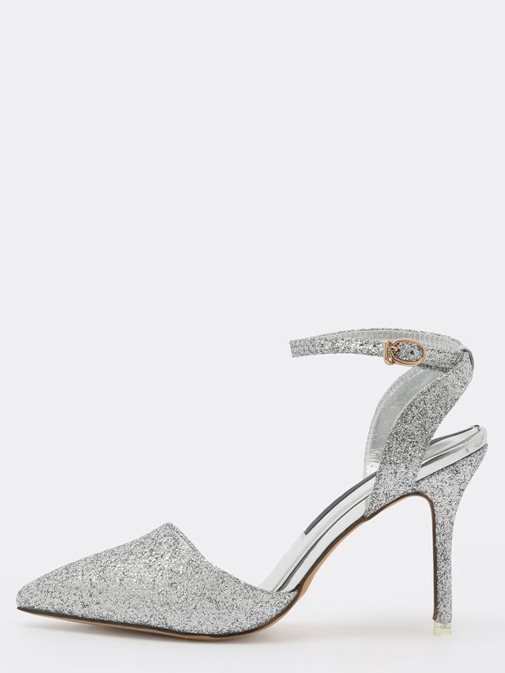 Shein Silver Gliter Slingback Ankle Strap D'orsay Pumps