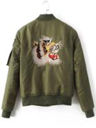 Shein Army Green Tiger Embroidery Zipper Up Flight Jacket